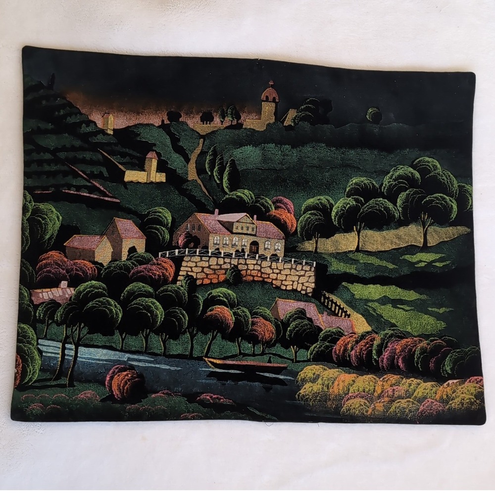 Vintage Hand Painted Velvet Painting Black 21x17 Colorful Village Folk Art MCM